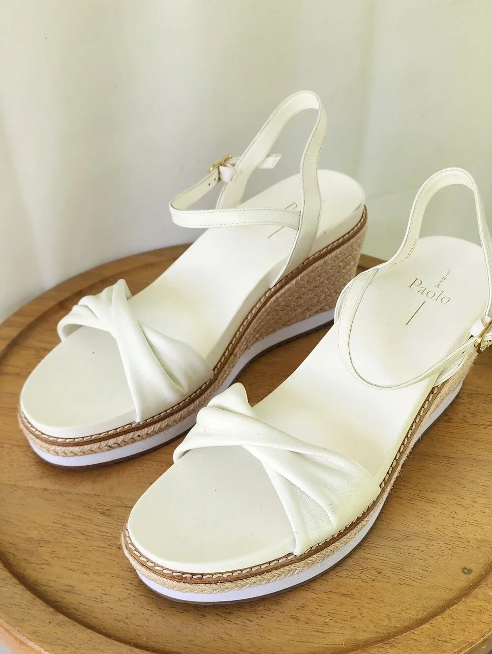 Linea Paolo Verona White Wedge Sandals with Knotted Front and Ankle Strap